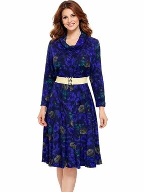 Vintage 90s Blue Floral Midi Dress Cowl Neck Elastic Waist